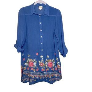 Fig And Flower Top Cornflower Blue Long Sleeve Embroidered Floral Tunic S